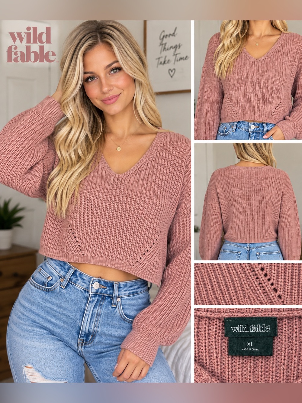 Wild Fable Women’s Pink Cropped V-Neck Knit Sweater XL
